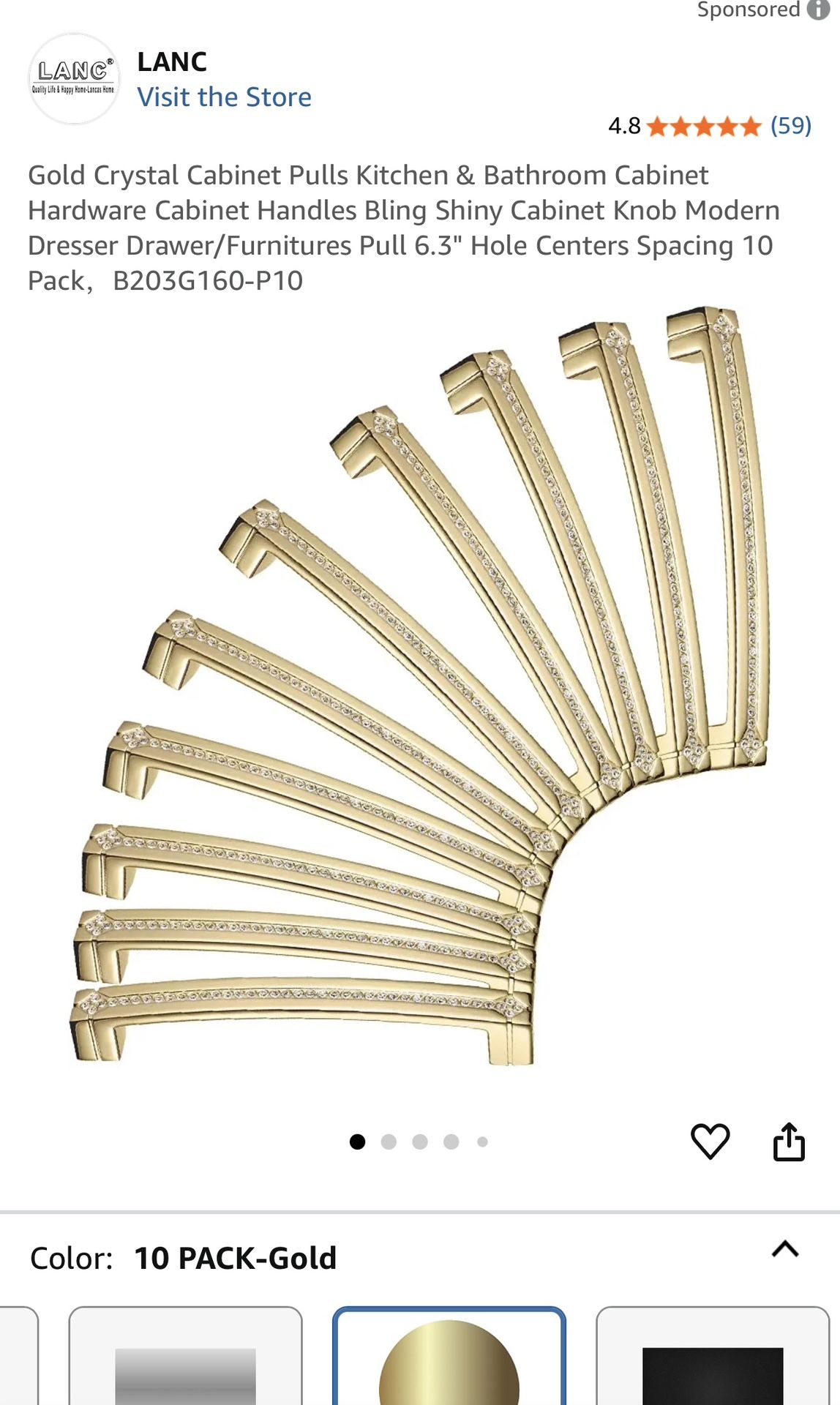 Gold Crystal Cabinet Pulls-10 Pack