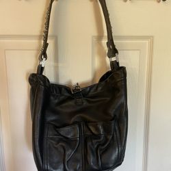 Tylie Malibu Black Leather Seude Crystal Flower Strap Purse 