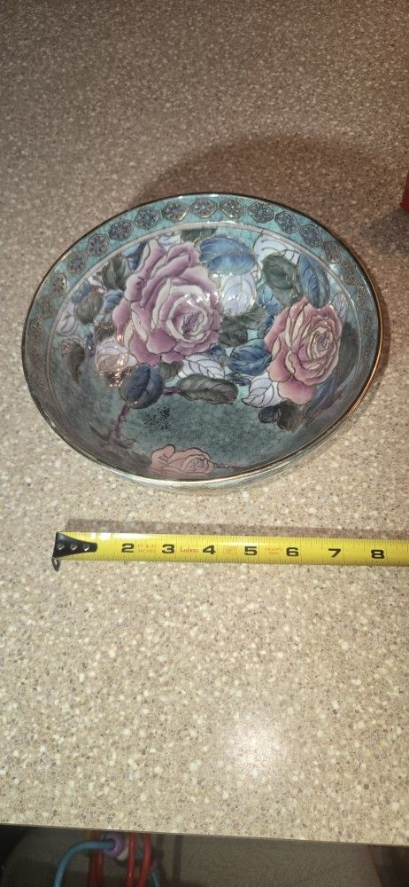 Toyo Vtg Chinese Rose Bowl Gold Decorative Enameled Green Painted