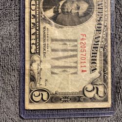 1928 Red FIVE Dollar Bill. 