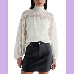 NWT Express White Skimming Mesh Pleated Mock Neck Balloon Sleeve Top