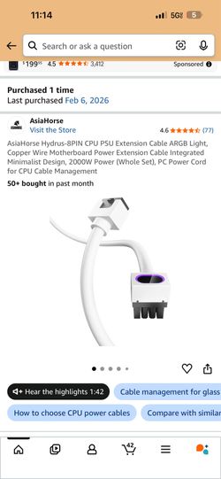 AsiaHorse Hydrus 8-Pin EPS ARGB CPU RGB Extension Cable – Like New