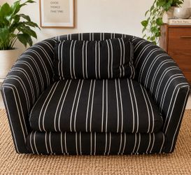 Vintage Postmodern Oversized Swivel Barrel Chair – Black & White Pinstripe