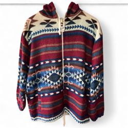 Men’s Baby Alpaca Zip Up Jacket from Peru Burgundy Navy Aztec Size X-Large EUC
