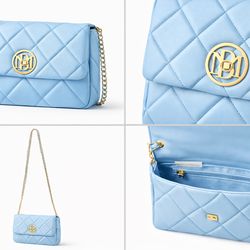 Baby Blue Quilted Crossbody Bag Gold Chain Chic Designer Style/Bolso Azul Claro Acolchado Crossbody Cadena Dorada Estilo Elegante