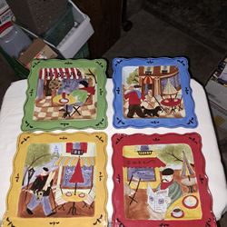Sidewalk Cafe Bistro square, scalloped plates, Jennifer Brinley, Certified International, set of 4.