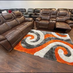 Summer clearance sale. Santiago brown leather reclining sofa and loveseat set only $1099. Easy finance option. Same-day delivery.