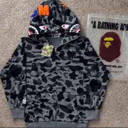 A Bathing Ape Shark Camouflage Full Zip Hoodie Gray Cotton Size M