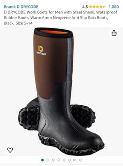 D DRYCODE Work Boots for Men with Steel Shank, Waterproof Rubber Boots, Warm 6mm Neoprene Anti Slip Rain Boots, Black, Size 5