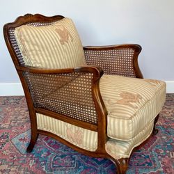 Vintage Cane Chair - French Bergère — Striped Lion Fabric — Carved Wood 