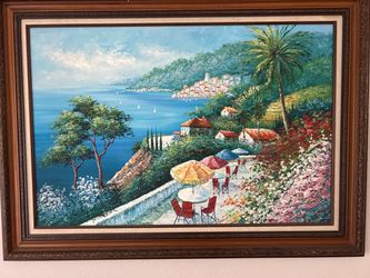 Mediterranean Coastal Oil Painting on Canvas – Ornate Wood Frame