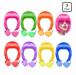 7-Pack Colorful Bob Wigs with Heart Sunglasses