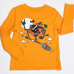 Old Navy Orange Long Sleeve Pumpkin On A Broom Shirt Boys 5T, SMOKE FREE!