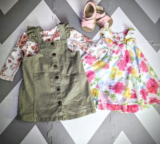 Sets for Baby 12 months girl, dress, sandals, Denim Jumper & Floral sweater, prints/ Outfits para Bebé 12 meses niña