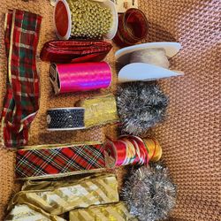 Christmas Craft Supplies- used and new- beads, ribbon, tinsil LOT A
