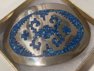 Vintage Metal Belt Buckle, Alpaca Silver and Nice Blue Crushed Malachite Turquoise Stones, Native Design, Nice Western Style Design, 3 3/4" x 2 3/4", 