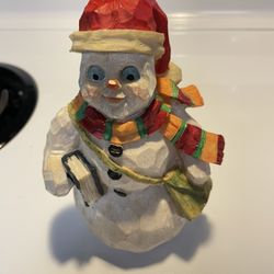 Vintage Resin Snowman Vintage Resin Textured Off-White Snowman Figurine. Red Hat, Green, yellow Scarf. Lightweight resin. 7.5” tall.