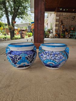 Talavera Small Turquoise Clay Pots. Planters. Plants. $40 cada una.