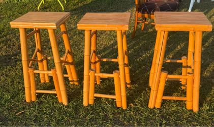 Set of 3 Vintage Bamboo & Rattan Bar Stools - Tiki / Boho Style