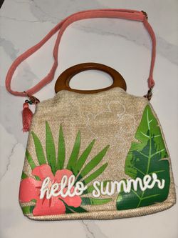 Disney Parks "Hello Summer" Tropical Mickey Mouse Raffia Crossbody Tote Bag with Wooden Handle - New without tags