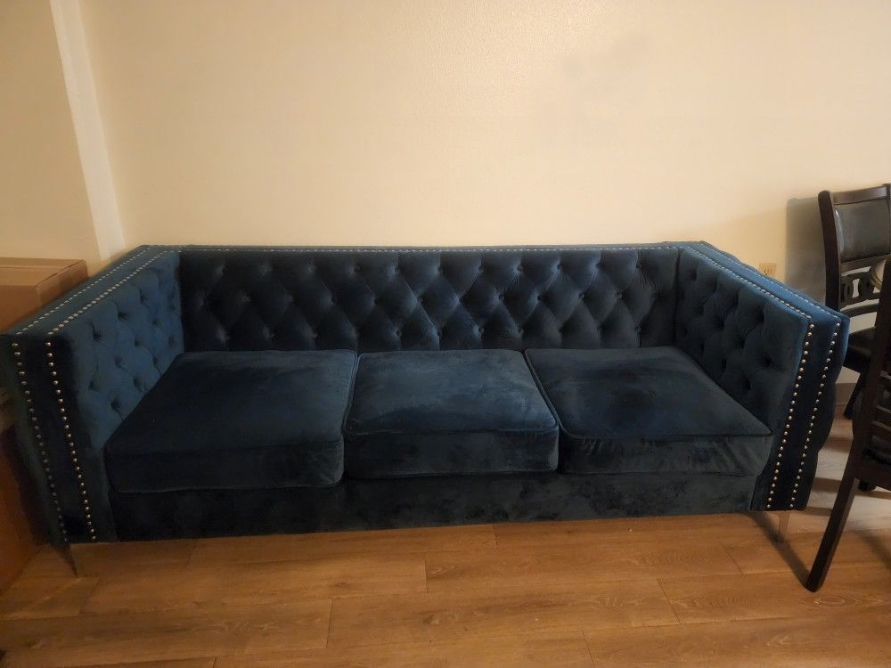 Blue Velvet Couch and Chair