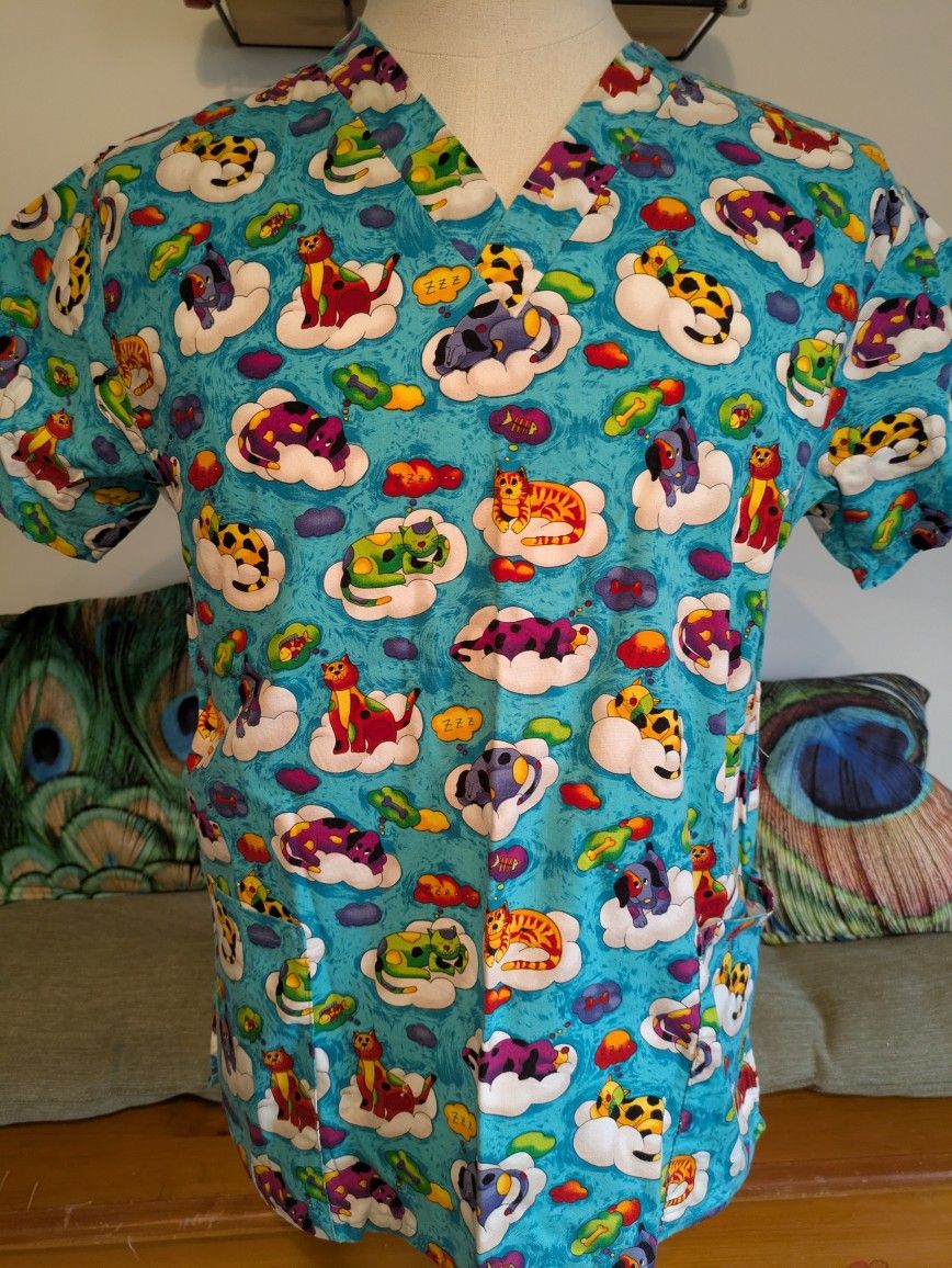 Vtg Women's Blue Cat/Dog Print Scrub Top