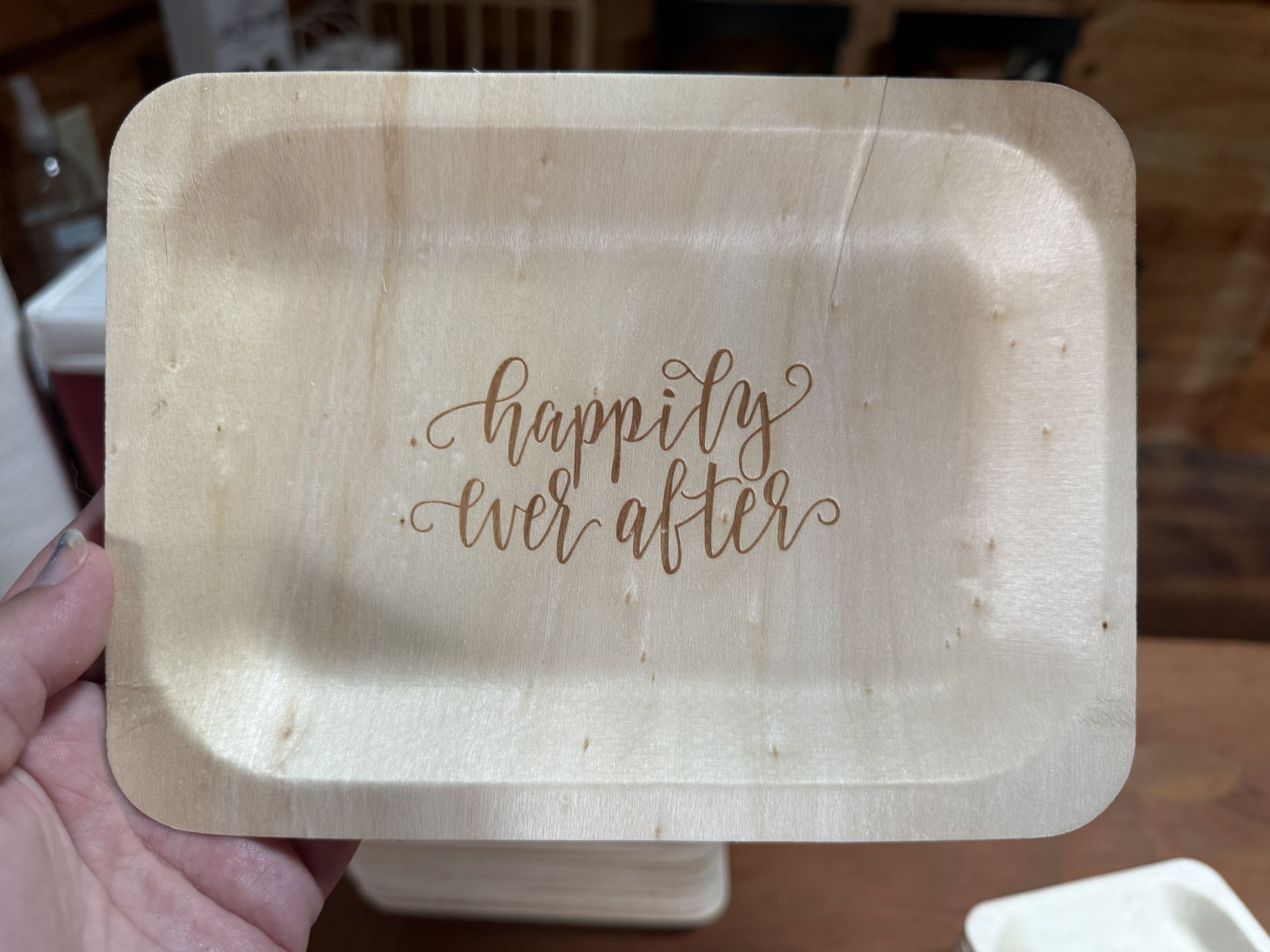 50 New Disposable Wood Plates . Unused happily Ever After Dessert plates