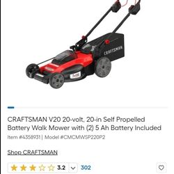 CRAFTSMAN V20 20-volt, 20-in Self Propelled Battery Walk Mower with (2) 5 Ah Battery Included $225