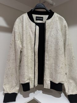 PHILIP AYLER Beige Bomber Jacket  Size L Full Zip Short Polyester