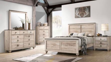 Washed white antique complete real wood bedroom set