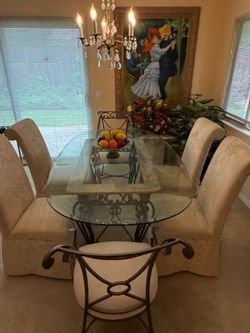 Stunning Mediterranean Dining Set - Glass, Stone & Wrought Iron - 6 Chairs