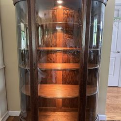 Antique Dark Oak Tiger Wood Lighted  Curved Glass Curio China Cabinet