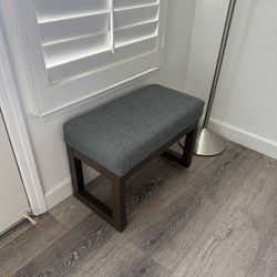 Small Upholstered Bench – Gray Linen, Dark Wood Legs, Entryway / Bedroom