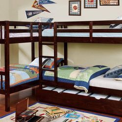 DARK WALNUT FINISH TWIN SIZE QUADRUPLE BUNK BED + TRUNDLE