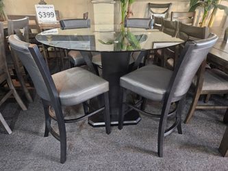 Brand new 48" x 36"H round glass counter high dining table + 4 gray faux leather chairs with glitters