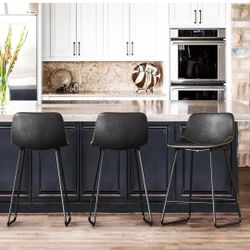 Lue Bona Alexander 24-inch (61 cm) Counter-Height Bar Stool (Set of 3) – Black Faux Leather, Low Back, Metal Frame