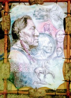 a Native American portrait, a buffalo nickel, and buffaloes in the background