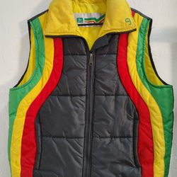 Vintage John Deere Tractor Rainbow Striped Puffer Vest Jacket Rastafarian Colors Yellow Black Green Red Gold Color Block / Color Way Unknown Size