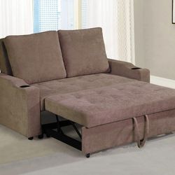Hyde Park Brown Fabric Livingroom Couch Sofa Bed 2 Cup Holders