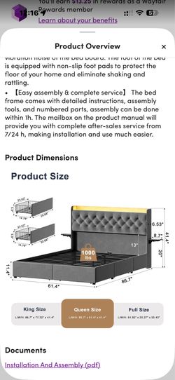 Upholstered Queen Platform Bed with 4 Storage Drawers, Storage Bed with LED light & Charging StatioN