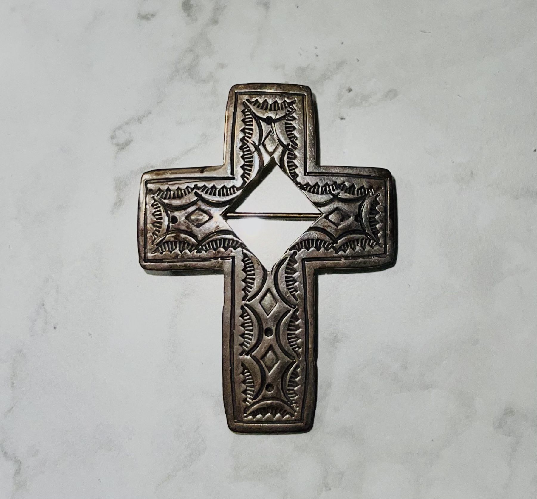 Vintage Sterling Cross Pendant / Brooch Etched Southwestern Design Signed