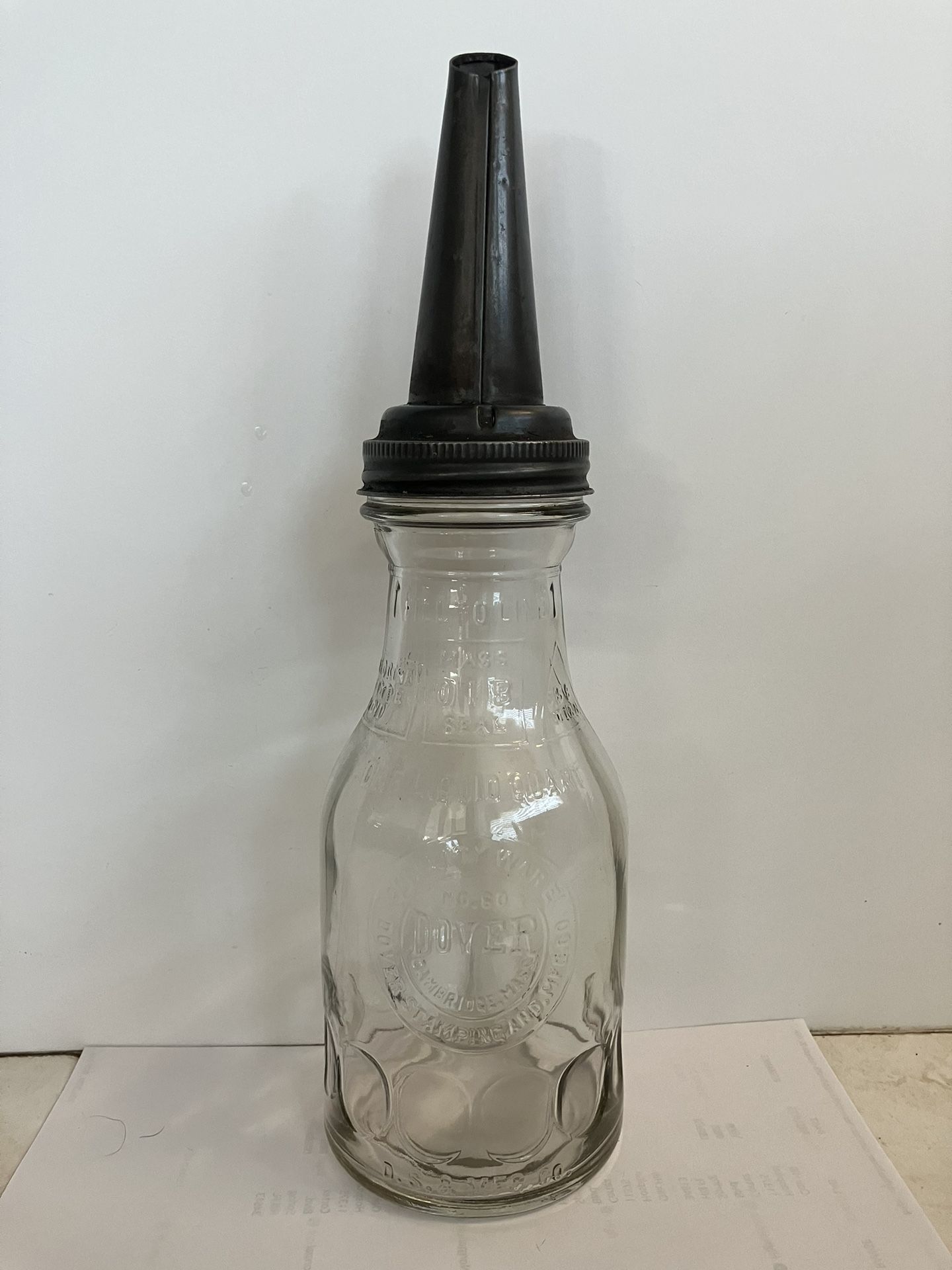 Vintage Dover No. 80 Glass Oil Bottle With Master Mfg. Co. Metal Top