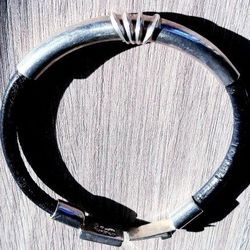 Men Sterling Silver Bracelet 925 Black Leather  