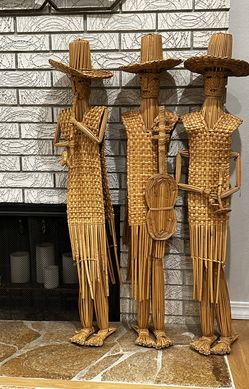 Set of 3 Handwoven Rattan/Reed Folk Art Musician Figurines – 50" Tall