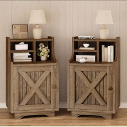 Set of 2 Oak Nightstand with Storage, 30" Tall Night Stand with Hutch