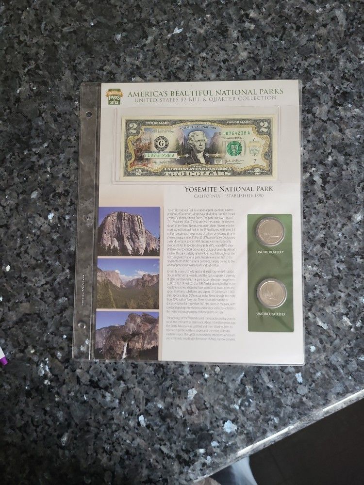 Yosemite National Parks Set of $2 Jefferson Colorized UNC & 2 Quarters BU, COA