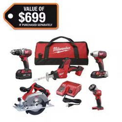 Milwaukee M18 18V Lithium-Ion Cordless Combo Kit (5-Tool) with (1) 3.0Ah and (1) 1.5Ah Battery, (1) Charger, (1) Tool Bag