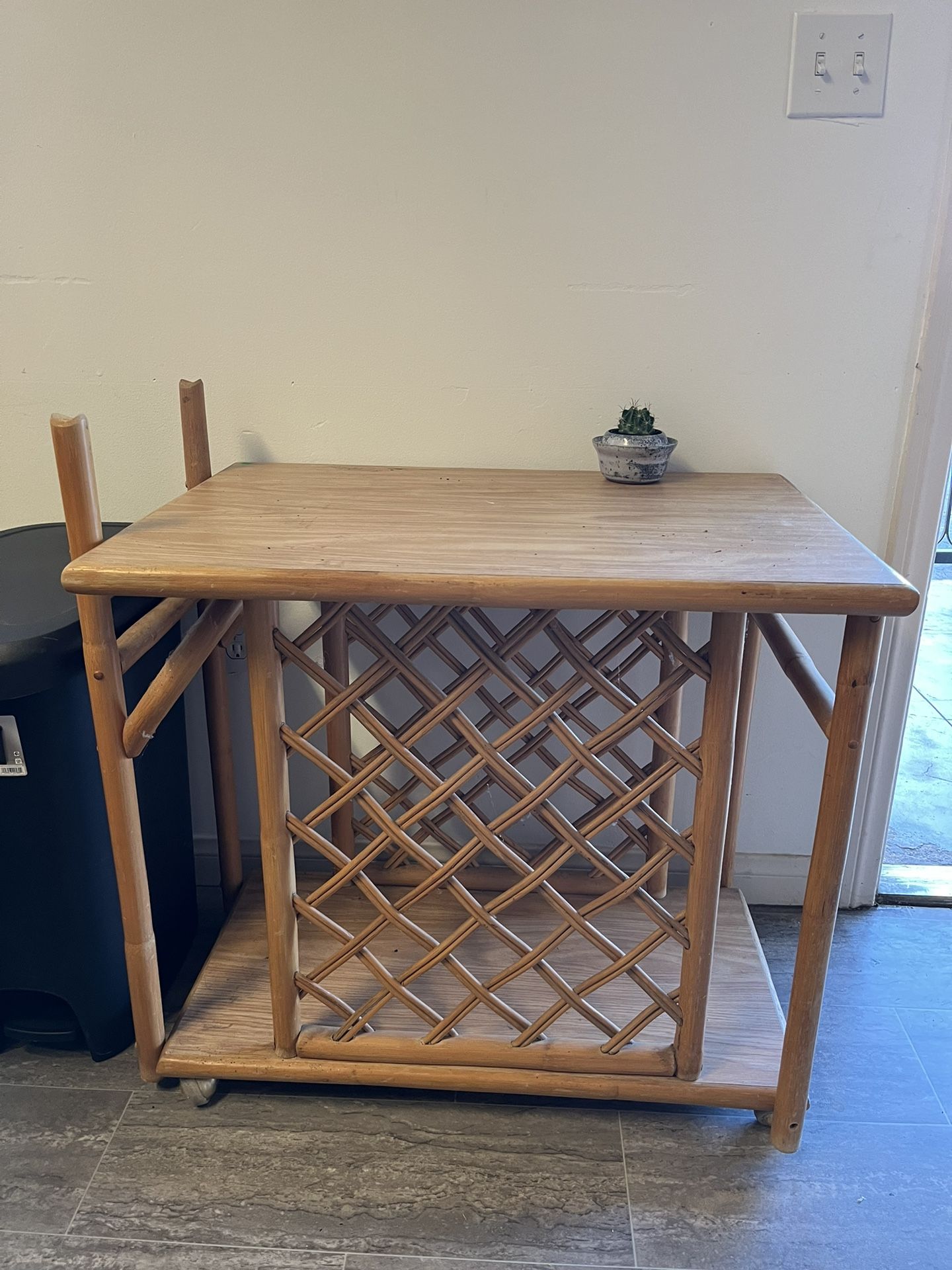 Vintage Bamboo Cart Rattan Wicker Rolling Bar Cart Plant Stand