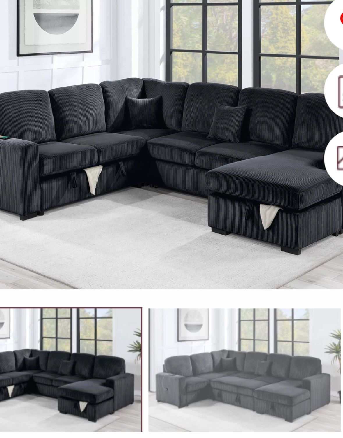 $649-4Piece Convertible Sectional  Sleeper Sofa ,Chaise Storage ,Sofa Storage & USB Ports 98” x 103” x 61” x36”H