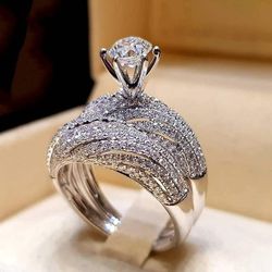 2 Pcs Double Layer 14K White Gold Plated Cubic Zirconia Women's Engagement Ring